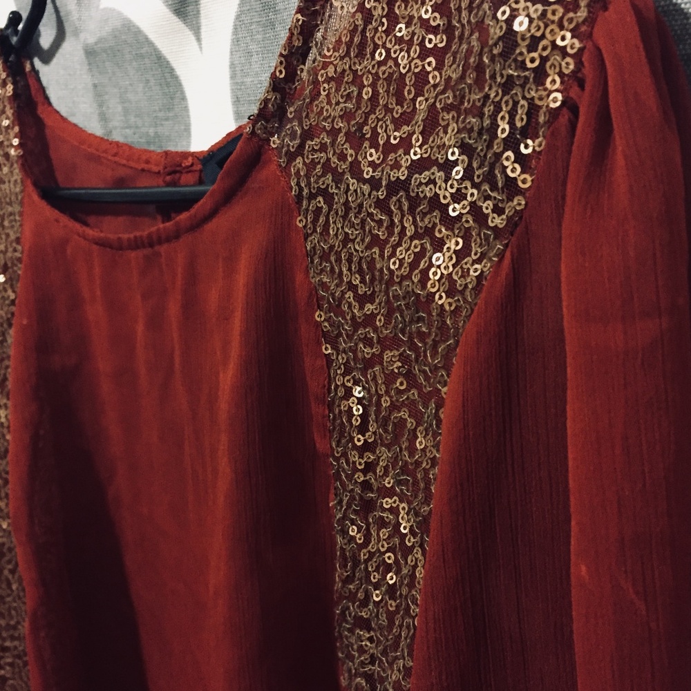 Nine West Sheer Maroon Blouse with Gold Accents